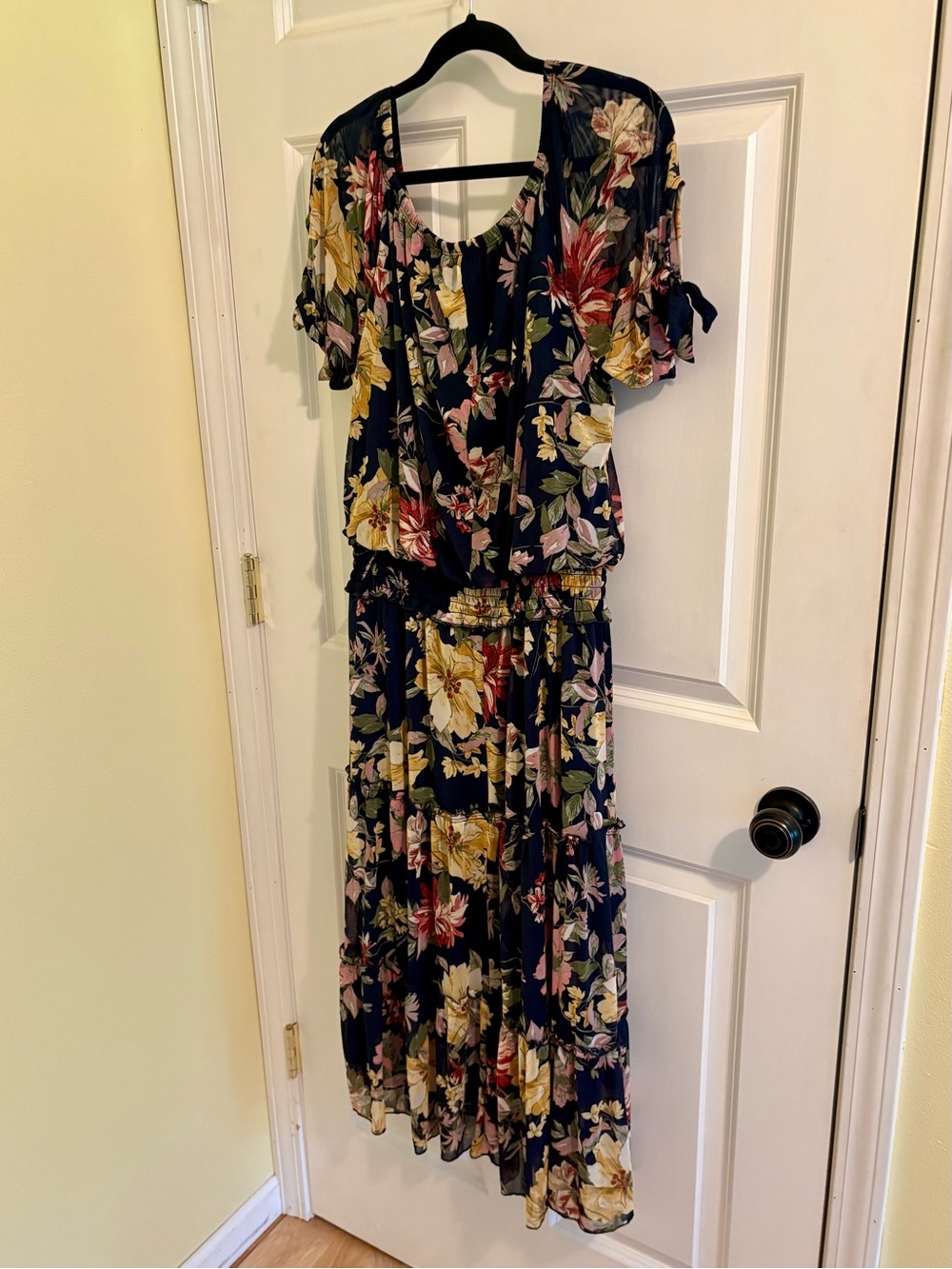 Navy Floral Maxi Dress with Short Ruffle Sleeves